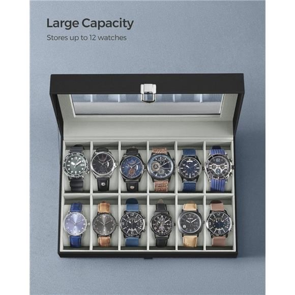 12-Slot Watch Case with Large Glass Lid, Removable Watch Pillows - Picture 4 of 6